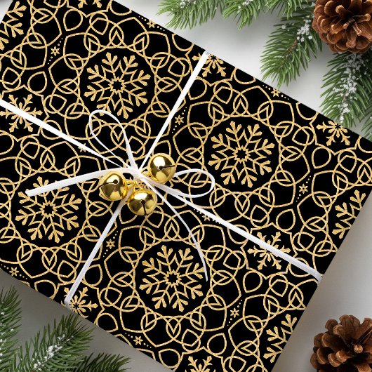 Elegante Kerst Sneeuwvlok Faux Gold Zwart Cadeaupapier