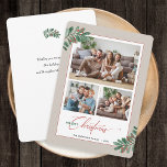 Elegante kerst typografie 3 foto's feestdagenkaart<br><div class="desc">Deze kerstkaart heeft een elegante scripttypografie en ruimte voor 3 foto's. Het ontwerp is geaccentueerd met vakantiegroen en bessen op een linnen rand. Voeg je eigen persoonlijke boodschap toe aan de achterkant van deze vakantiekaart.</div>