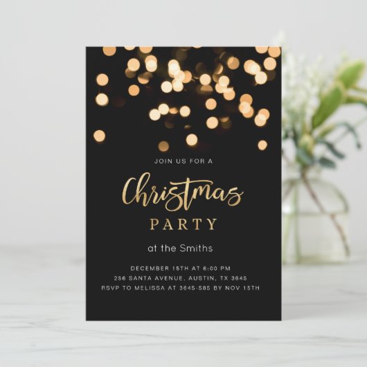 Elegante kerst uitnodiging zwart en goud (Staand voorkant)