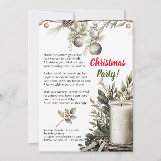 Elegante kerst vakantie kaars party uitnodiging (Voorkant)