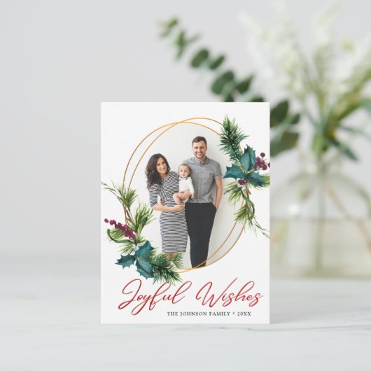Elegante Kerst Vrolijke Wensen Holly Pine Foto Briefkaart (Staand voorkant)