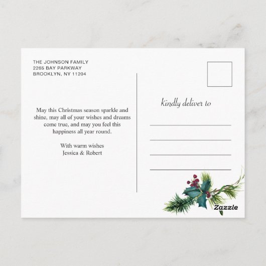 Elegante Kerst Vrolijke Wensen Holly Pine Foto Briefkaart (Achterkant)