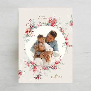 Elegante kerst waterverf gebladerte ovale foto feestdagenkaart
