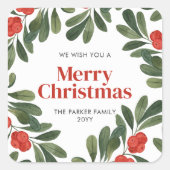 Elegante kerst Waterverf groen rode bessen Vierkante Sticker (Voorkant)