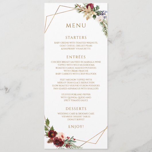 Elegante Kerst Winter Bruiloft Burgundy Goud Menu (Voorkant)