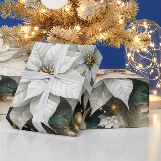 Elegante Kerst Witte Poinsettia Bloem Cadeaupapier (Feestdagen)