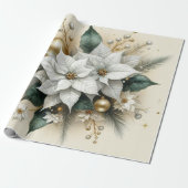 Elegante Kerst Witte Poinsettia Bloem Cadeaupapier (Uitgerold)