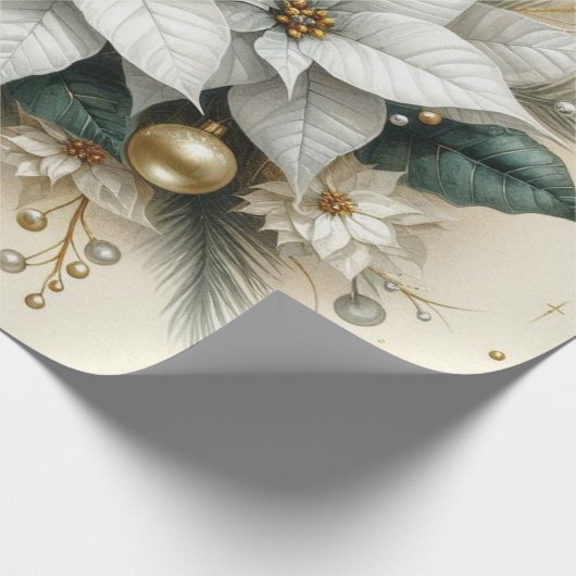 Elegante Kerst Witte Poinsettia Bloem Cadeaupapier (Hoek)