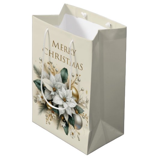 Elegante Kerst Witte Poinsettia Bloem Gift Bag Medium Cadeauzakje (Voorkant Gekanteld)
