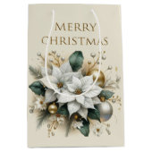Elegante Kerst Witte Poinsettia Bloem Gift Bag Medium Cadeauzakje (Voorkant)