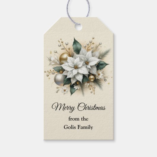 Elegante Kerst Witte Poinsettia Bloemen Cadeaulabel (Voorkant)