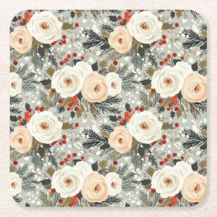 Elegante Kerst Witte Rozen & Rode Winter Berry Kartonnen Onderzetters