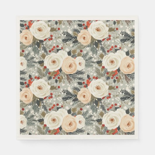 Elegante Kerst Witte Rozen & Rode Winter Berry Servet (Voorkant)