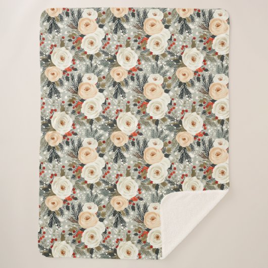 Elegante Kerst Witte Rozen & Rode Winter Berry Sherpa Deken (Voorkant)