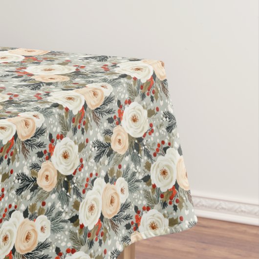 Elegante Kerst Witte Rozen & Rode Winter Berry Tafelkleed (Voorbeeld)