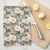 Elegante Kerst Witte Rozen & Rode Winter Berry Theedoek (Quarter Fold)