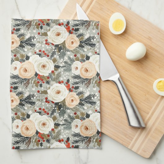 Elegante Kerst Witte Rozen & Rode Winter Berry Theedoek (Quarter Fold)