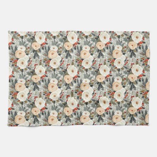 Elegante Kerst Witte Rozen & Rode Winter Berry Theedoek (Horizontaal)