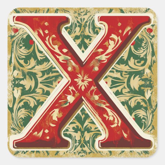 Elegante Kerst X: Rood, Groen, Goud Vierkante Sticker (Voorkant)