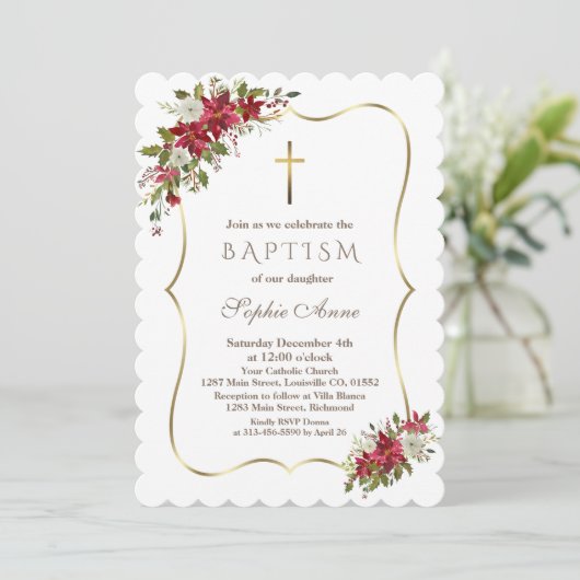 Elegante Kerst Xmas Rood Witte Poinsettia Doop Kaart (Staand voorkant)