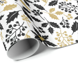 Elegante Kerst Zwart en Goud Holly Mistletoe Cadeaupapier