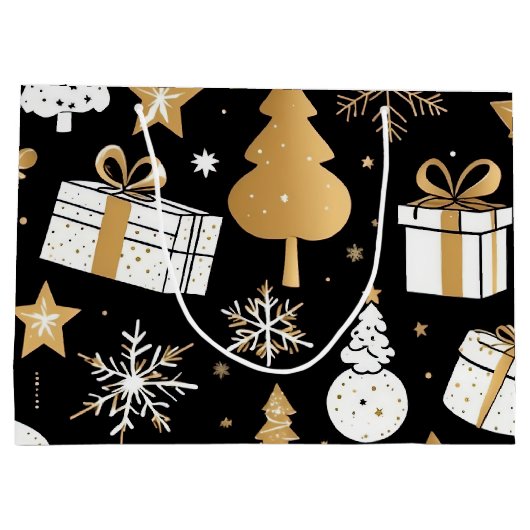 Elegante Kerst Zwart Goud White Line Art Groot Cadeauzakje (Achterkant)