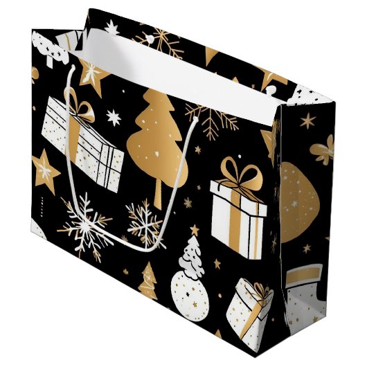 Elegante Kerst Zwart Goud White Line Art Groot Cadeauzakje (Voorkant Gekanteld)