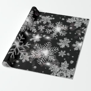 Elegante Kerst zwarte witte zilveren sneeuwvlokken Cadeaupapier