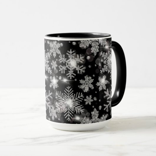 Elegante Kerst zwarte witte zilveren sneeuwvlokken Mok (Voorkant rechts)