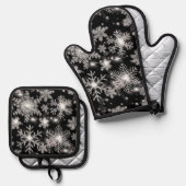 Elegante Kerst zwarte witte zilveren sneeuwvlokken Ovenwant & Pannenlap Set (Voorkant / Achterkant)