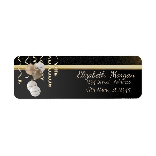 Elegante kerstballen, glans, namaak goud, zwart etiket (Voorkant)