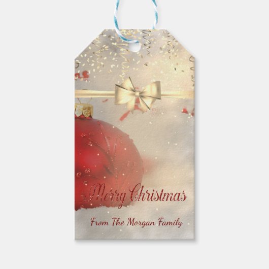 Elegante kerstballen, strik, confetti cadeaulabel (Voorkant)
