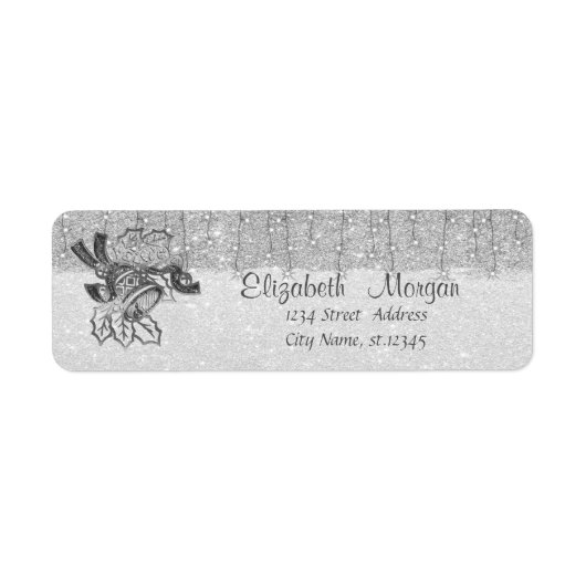 Elegante kerstbel, zilver glitter etiket (Voorkant)