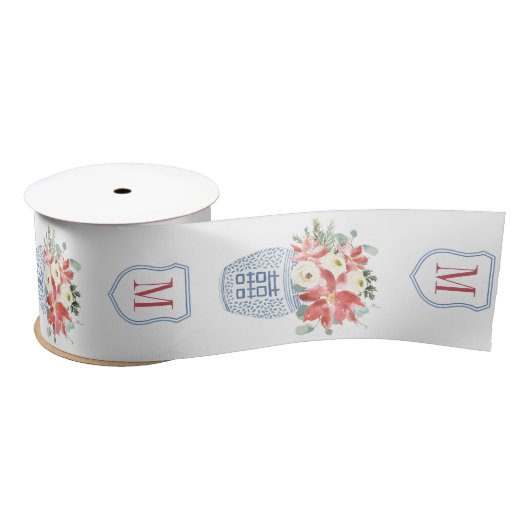 Elegante Kerstbloemen Chinoiserie Monogrammed Satijnen Lint (Spoel)