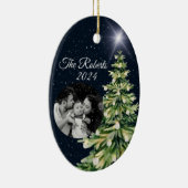 Elegante kerstbomen Donkerblauw Familiefoto Keramisch Ornament (Rechts)