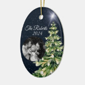Elegante kerstbomen Donkerblauw Familiefoto Keramisch Ornament (Links)
