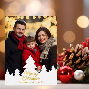 Elegante kerstbomen Familie Foto Goud Folie Feestdagen Briefkaart