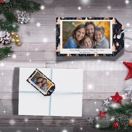 Elegante kerstbomen Familiefoto Cadeaulabel