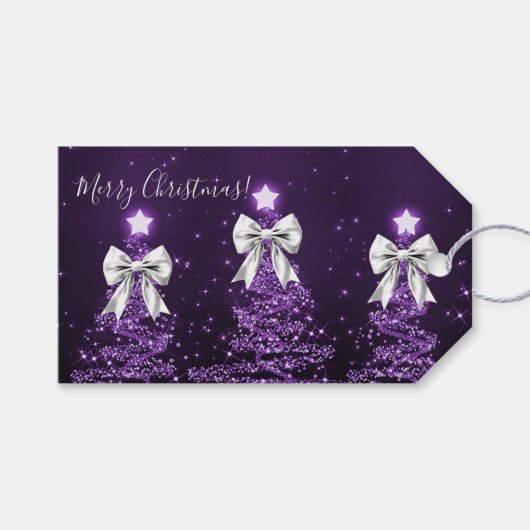 Elegante Kerstbomen Paars Zilver Cadeaulabel (Voorkant (Horizontaal))