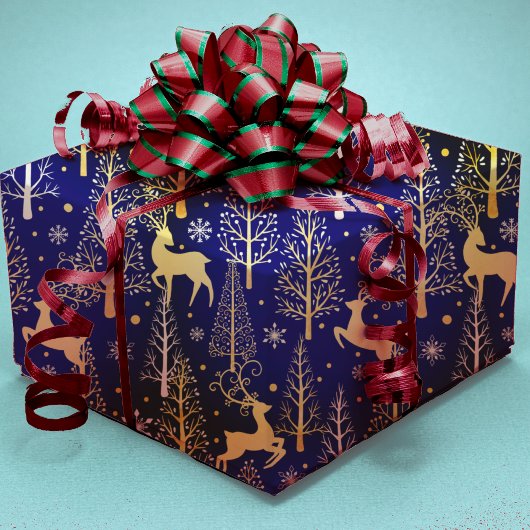 Elegante kerstbomen rendieren blauw cadeaupapier