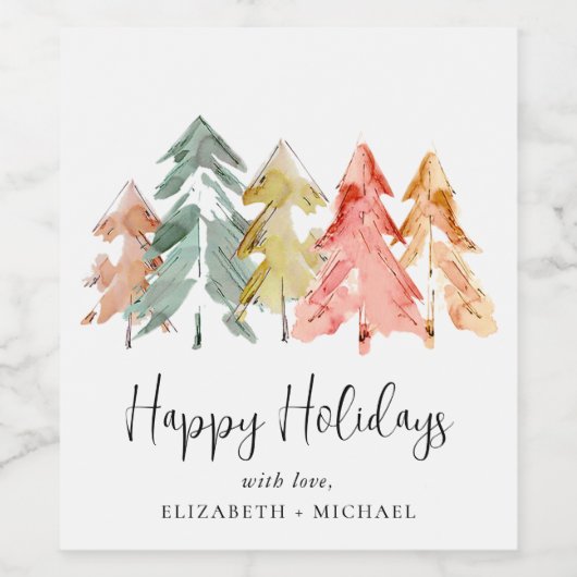 Elegante kerstbomen Waterverf Wijn Etiket (Enkel label)