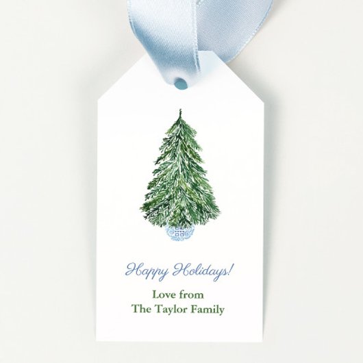 Elegante kerstboom aardewerk pot vrolijk kerstfees cadeaulabel