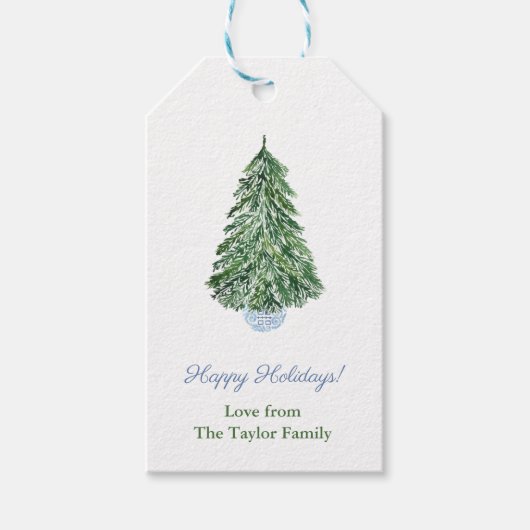 Elegante kerstboom aardewerk pot vrolijk kerstfees cadeaulabel (Voorkant)