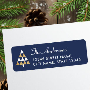 Elegante kerstboom blauw goud retour adres etiket