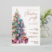 Elegante kerstboom feestje Roos Gold Folie Uitnodiging (Staand Voorkant)