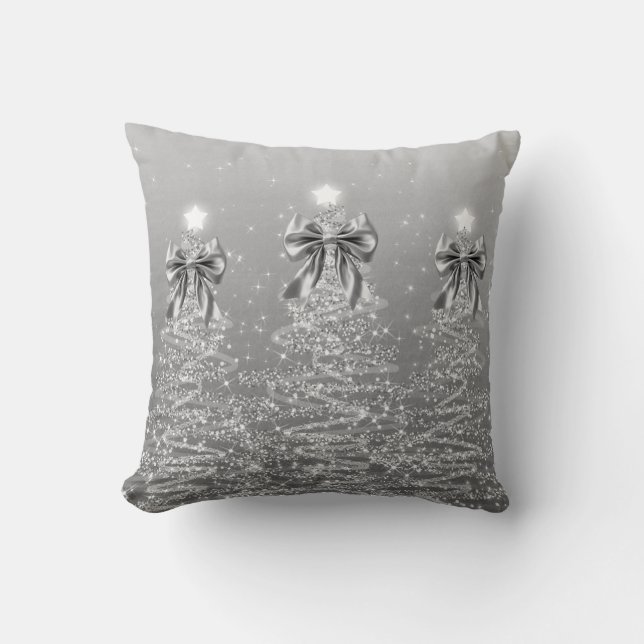 Elegante Kerstboom Glanzende Bomen Zilveren Nep Bo Kussen (Voorkant)