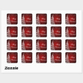 Elegante kerstboom glanzende sterren rood vierkante sticker (Vel)