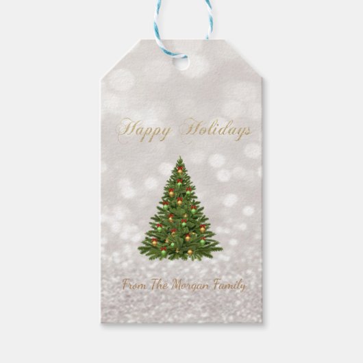 Elegante kerstboom, glinsterende bokeh cadeaulabel (Voorkant)
