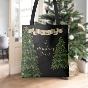 Elegante Kerstboom Gouden Lint Naam Zwart Tote Bag