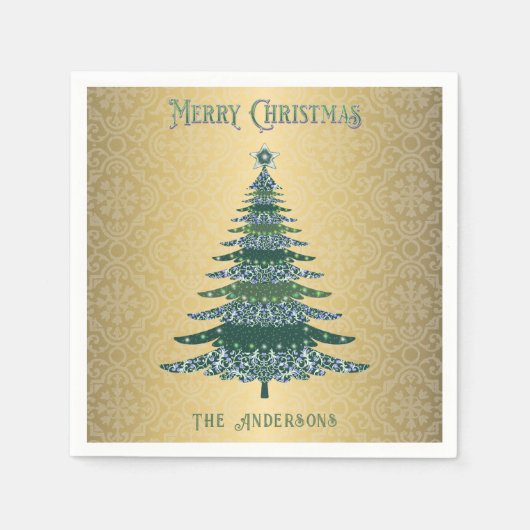 Elegante Kerstboom Groene Gouden Naam Douane Servet (Voorkant)